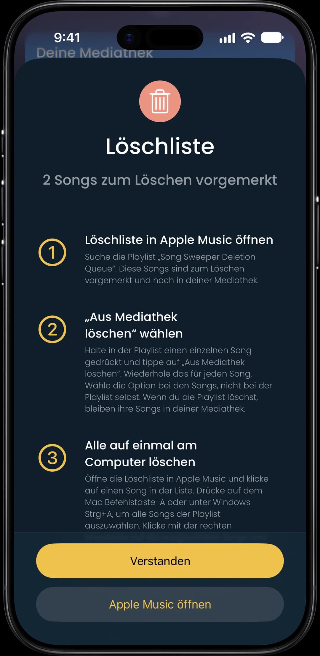 Löschliste mit den Schritten zum endgültigen Löschen in Apple Music