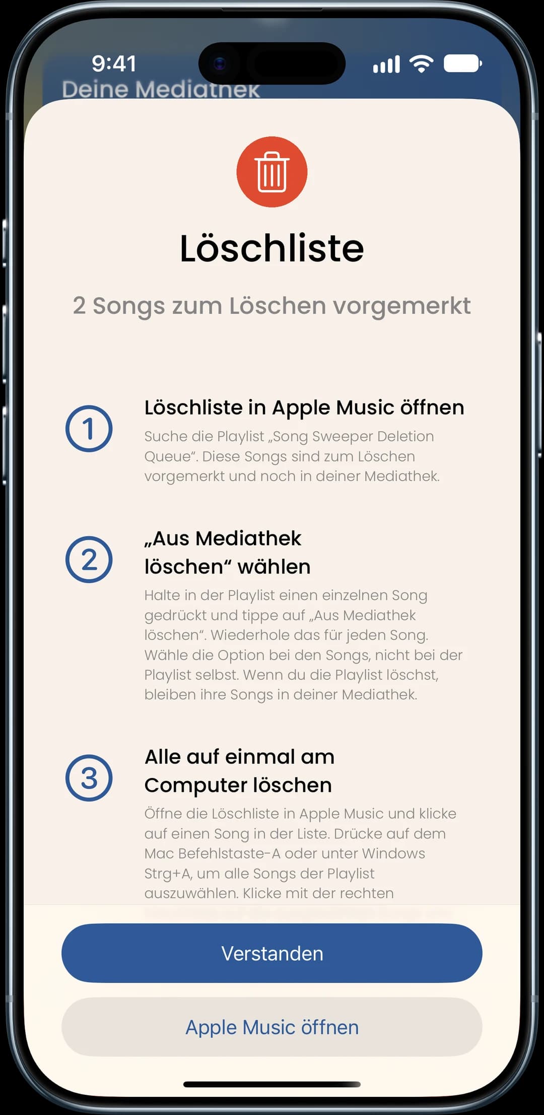 Löschliste mit den Schritten zum endgültigen Löschen in Apple Music