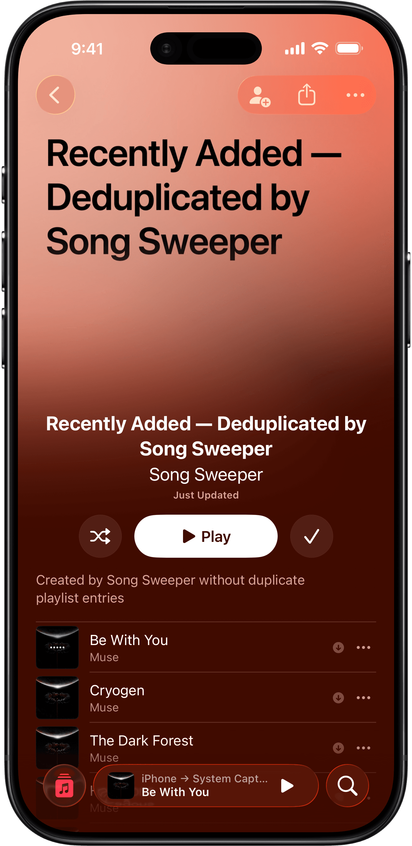 Cleaned Apple Music playlist with duplicate songs removed