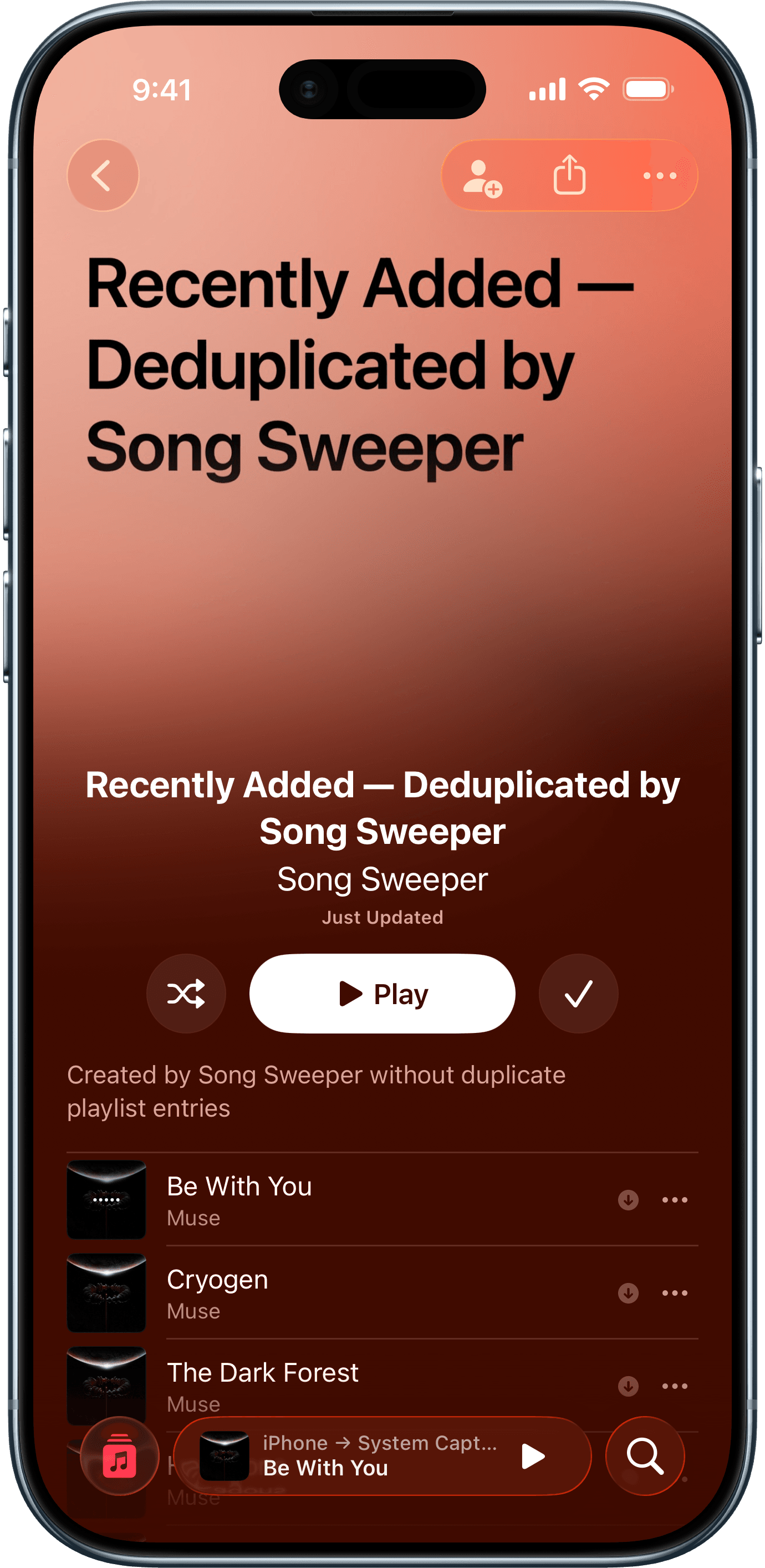 Cleaned Apple Music playlist with duplicate songs removed