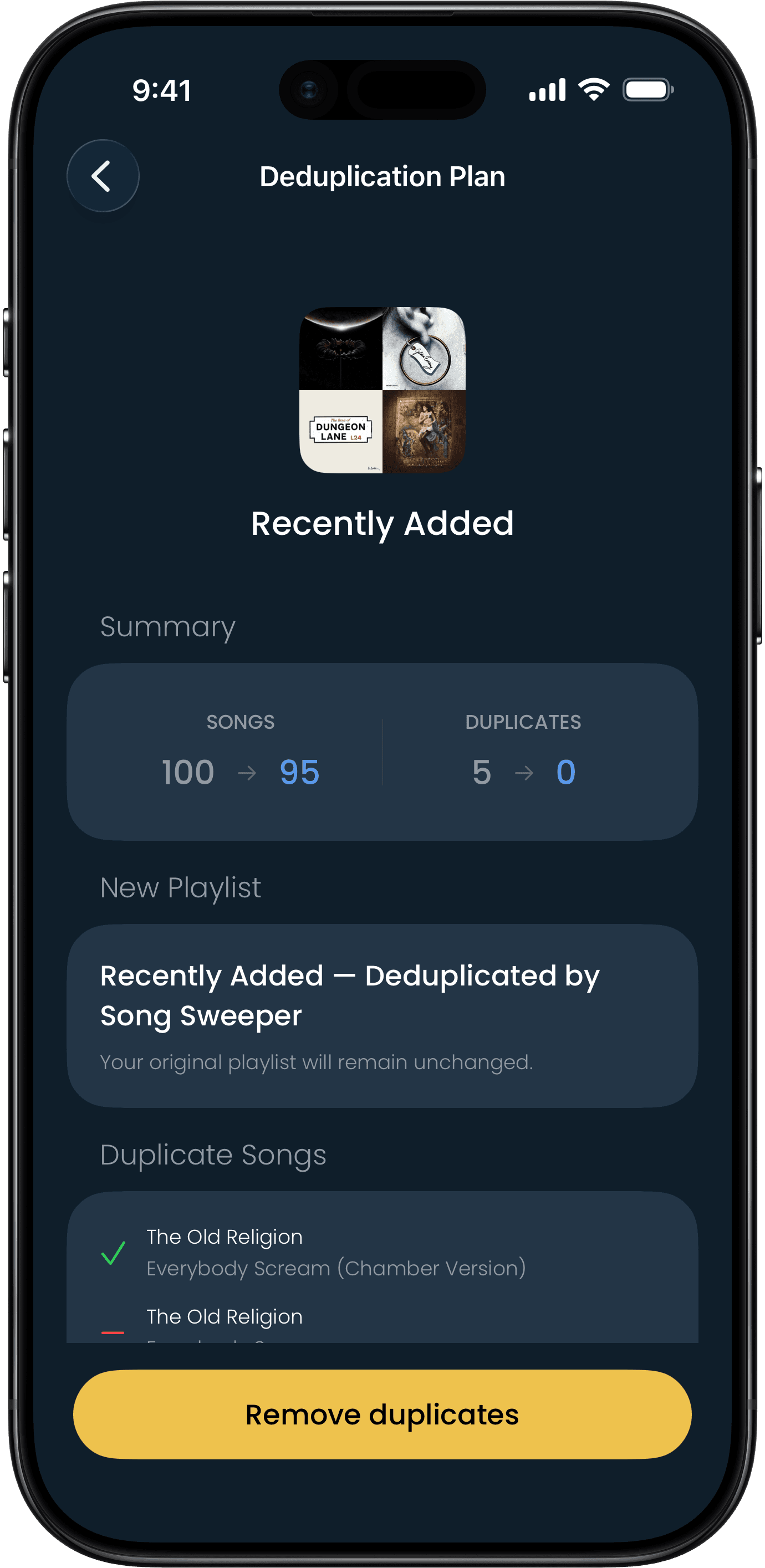 Deduplication plan showing duplicate songs in a playlist