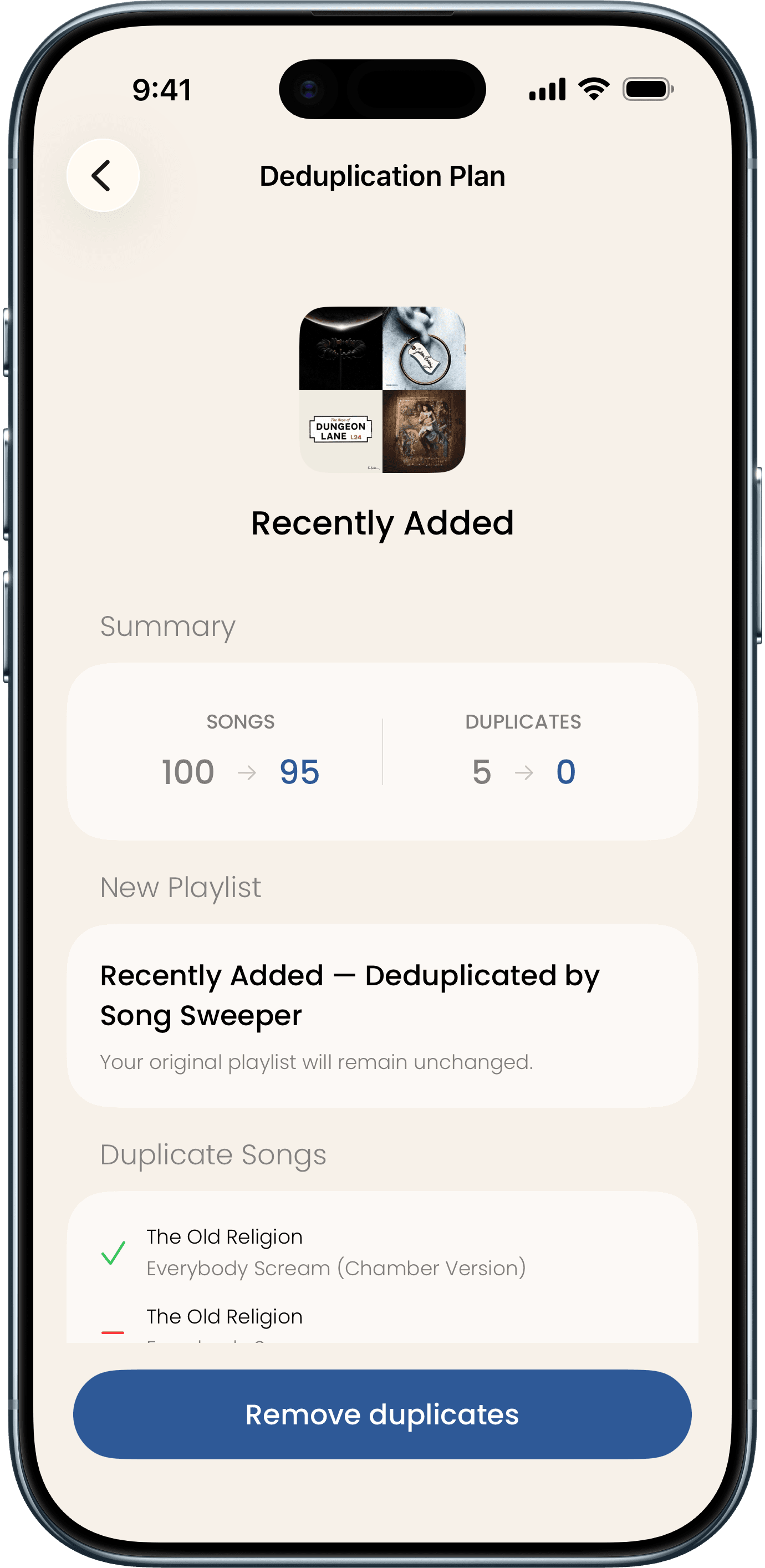 Deduplication plan showing duplicate songs in a playlist