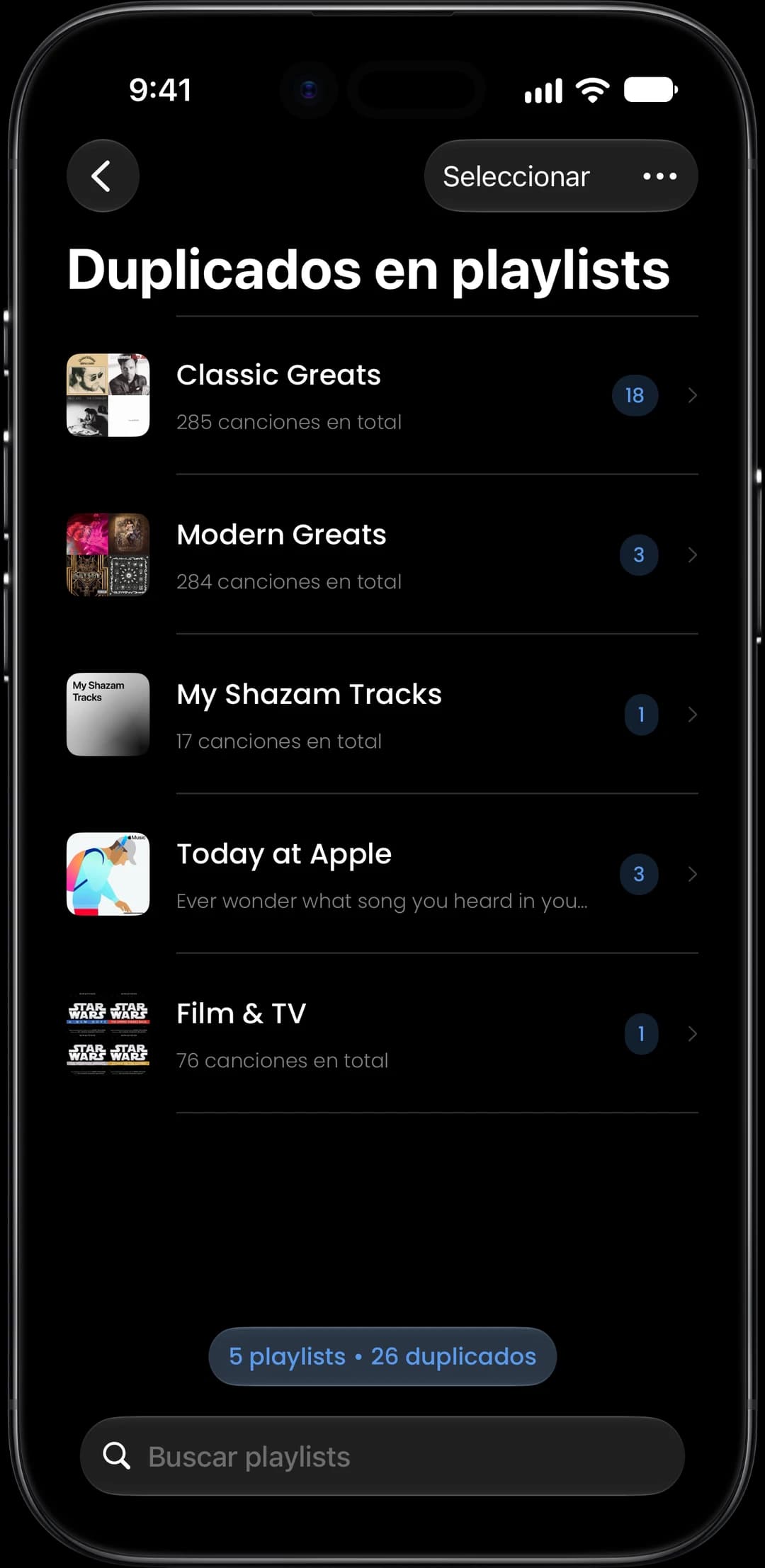 Playlists con canciones duplicadas, listas para seleccionar