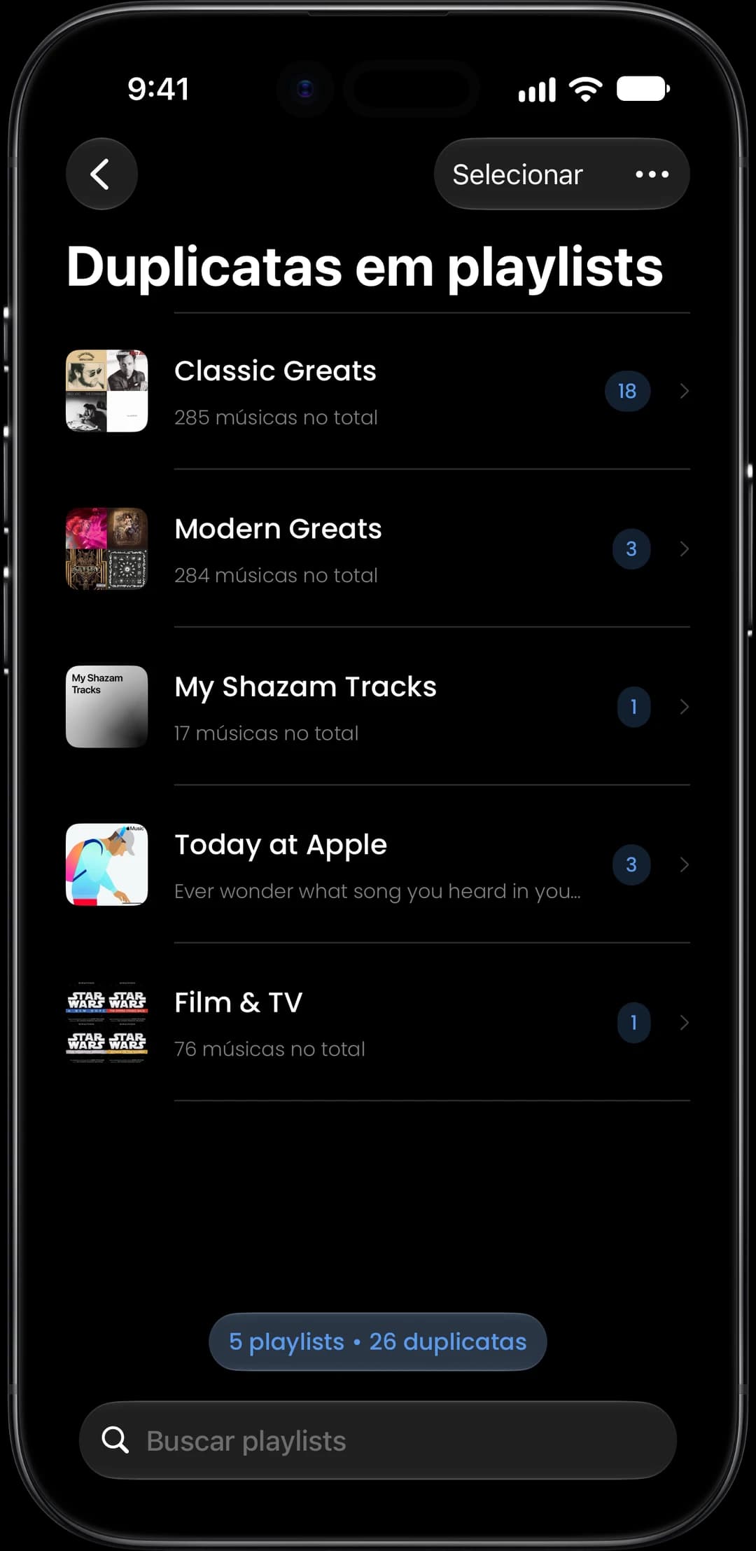 Playlists com músicas duplicadas, prontas para selecionar