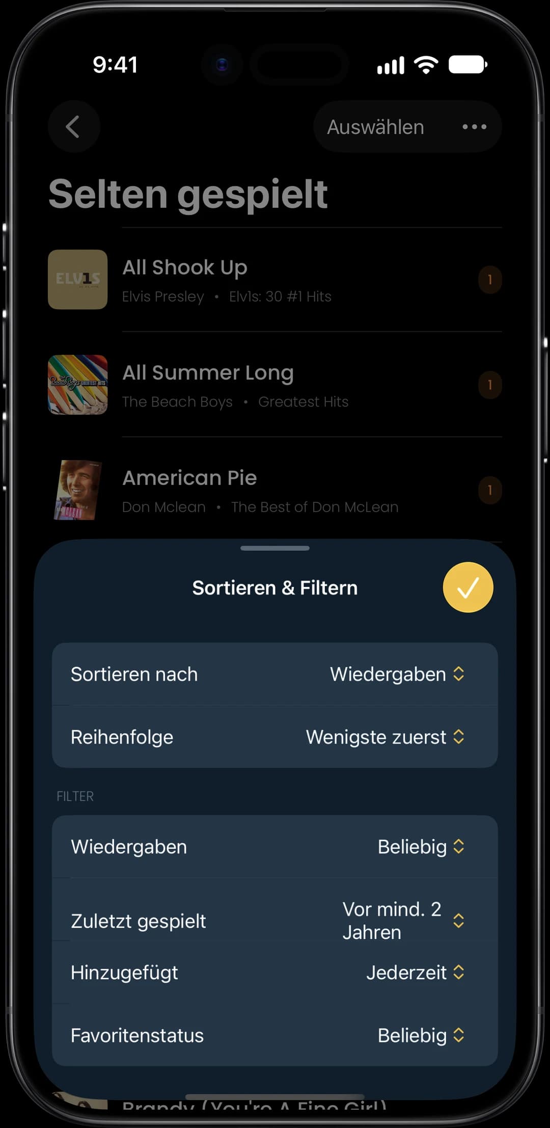 Filter in „Selten gespielt“ für Wiedergabeanzahl, letzte Wiedergabe, Hinzufügedatum und Favoriten