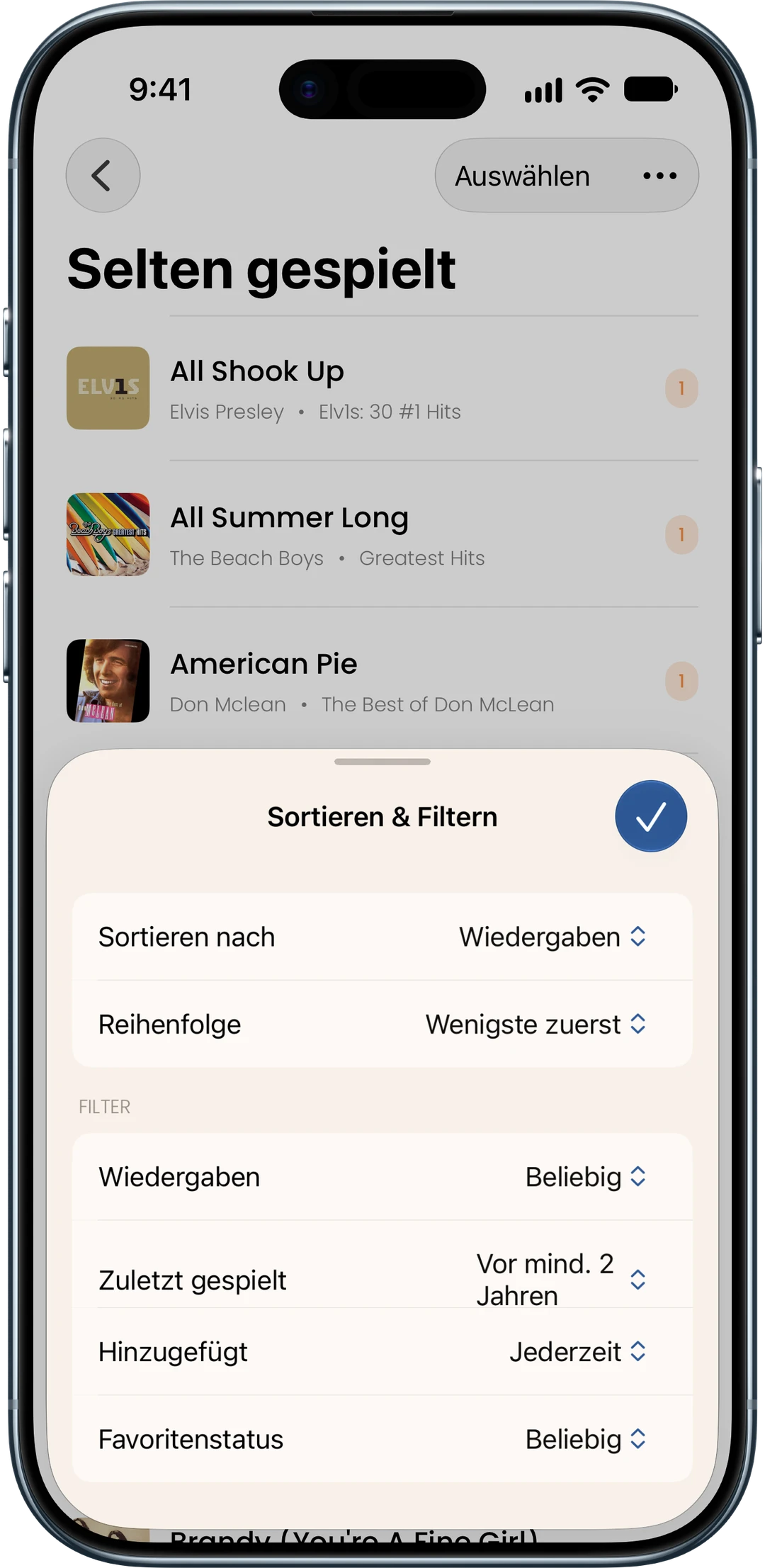 Filter in „Selten gespielt“ für Wiedergabeanzahl, letzte Wiedergabe, Hinzufügedatum und Favoriten