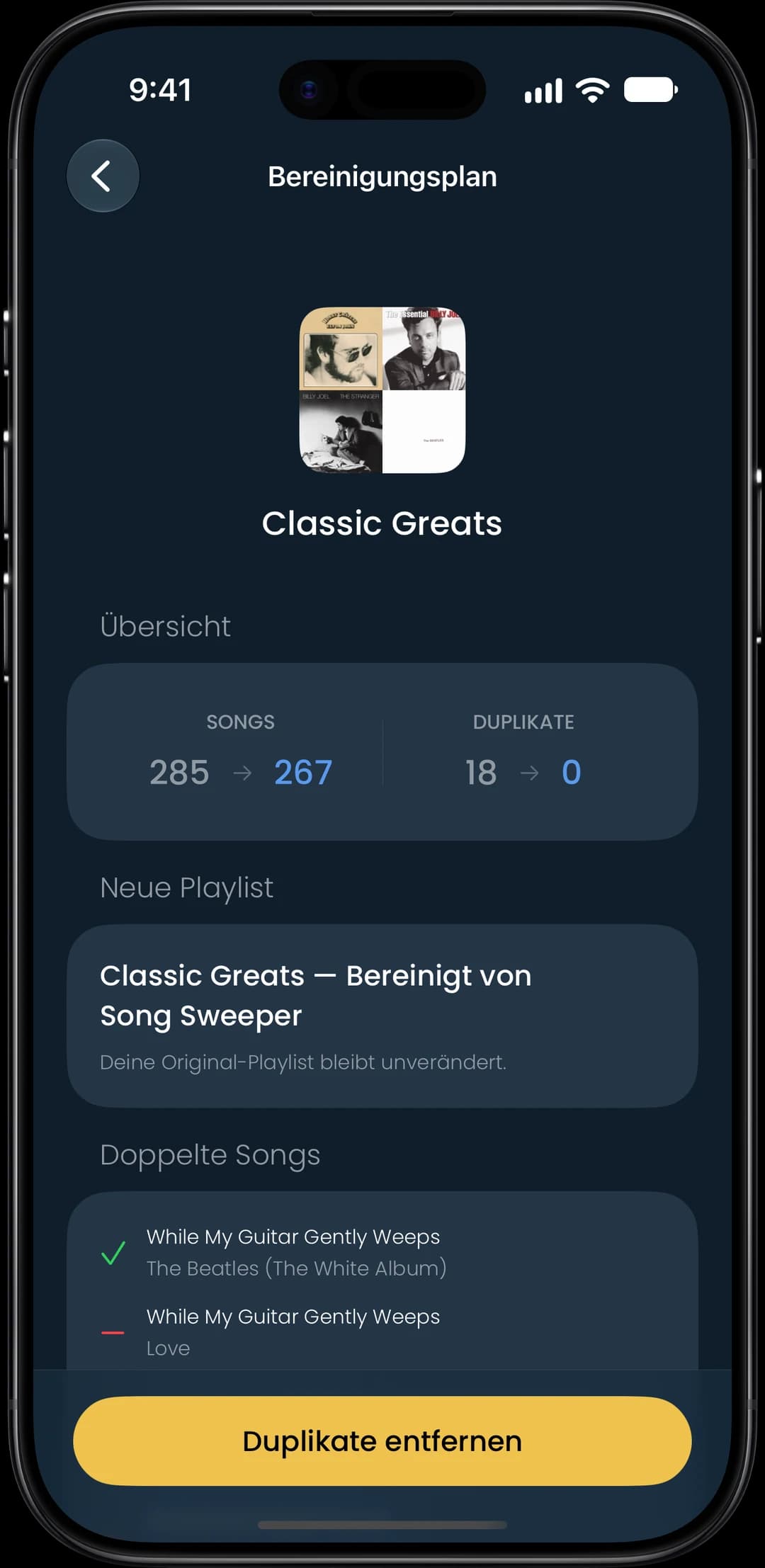 Screenshot der Funktion „Duplikate in Playlists“