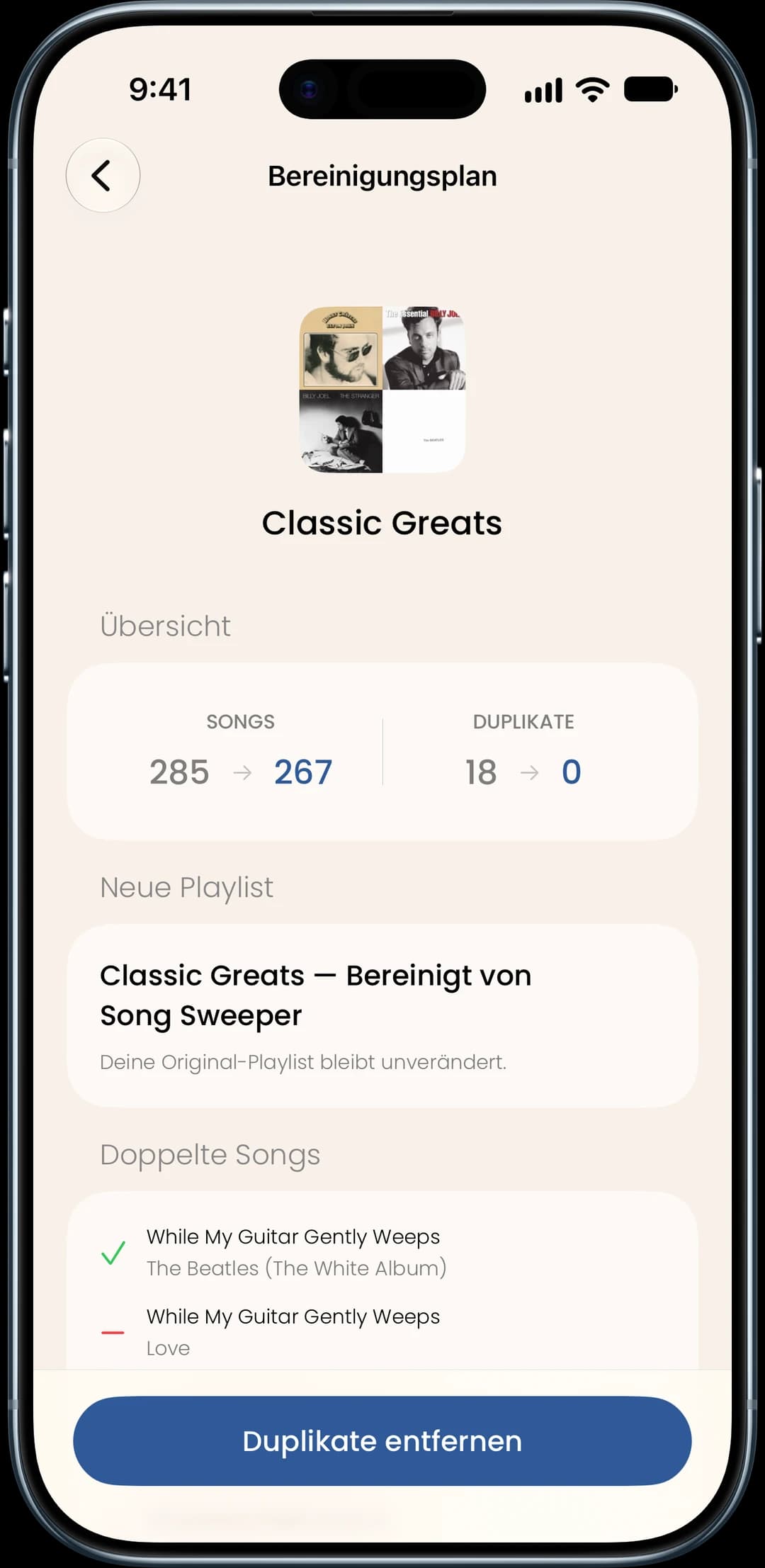 Screenshot der Funktion „Duplikate in Playlists“