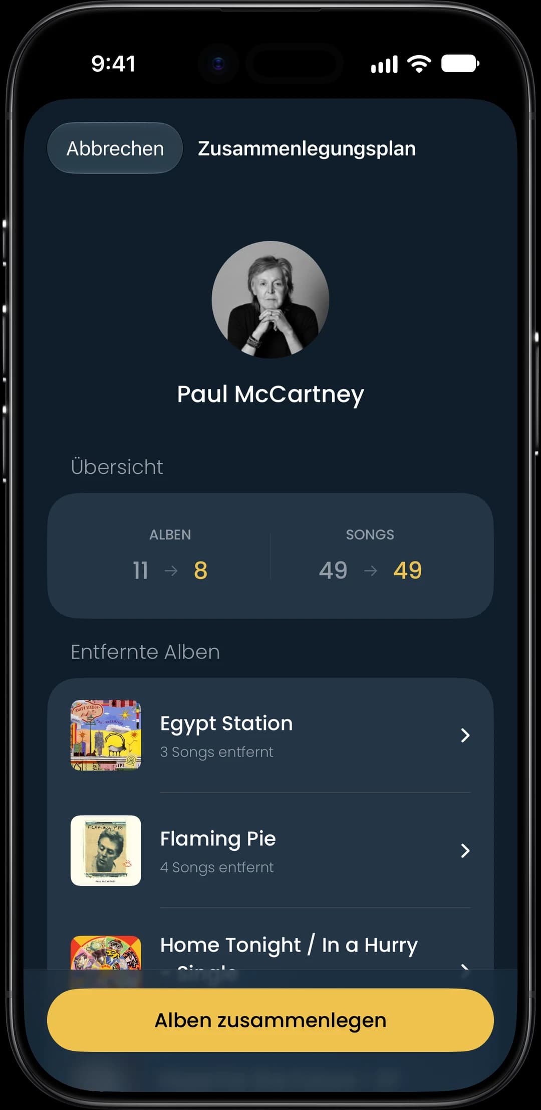 Screenshot der Funktion „Aufgeteilte Alben“
