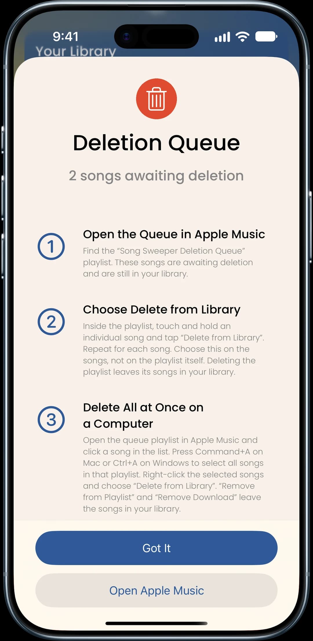 Deletion Queue with the steps to finish deleting in Apple Music