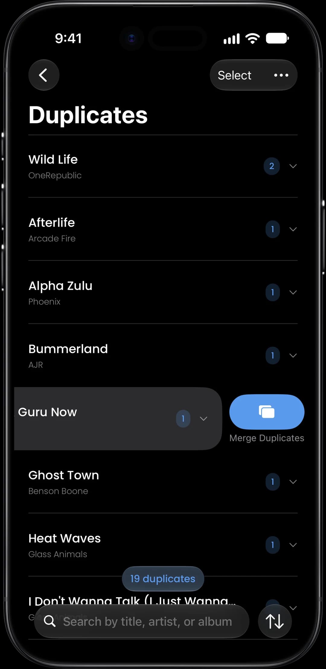 Duplicates view showing grouped duplicate songs