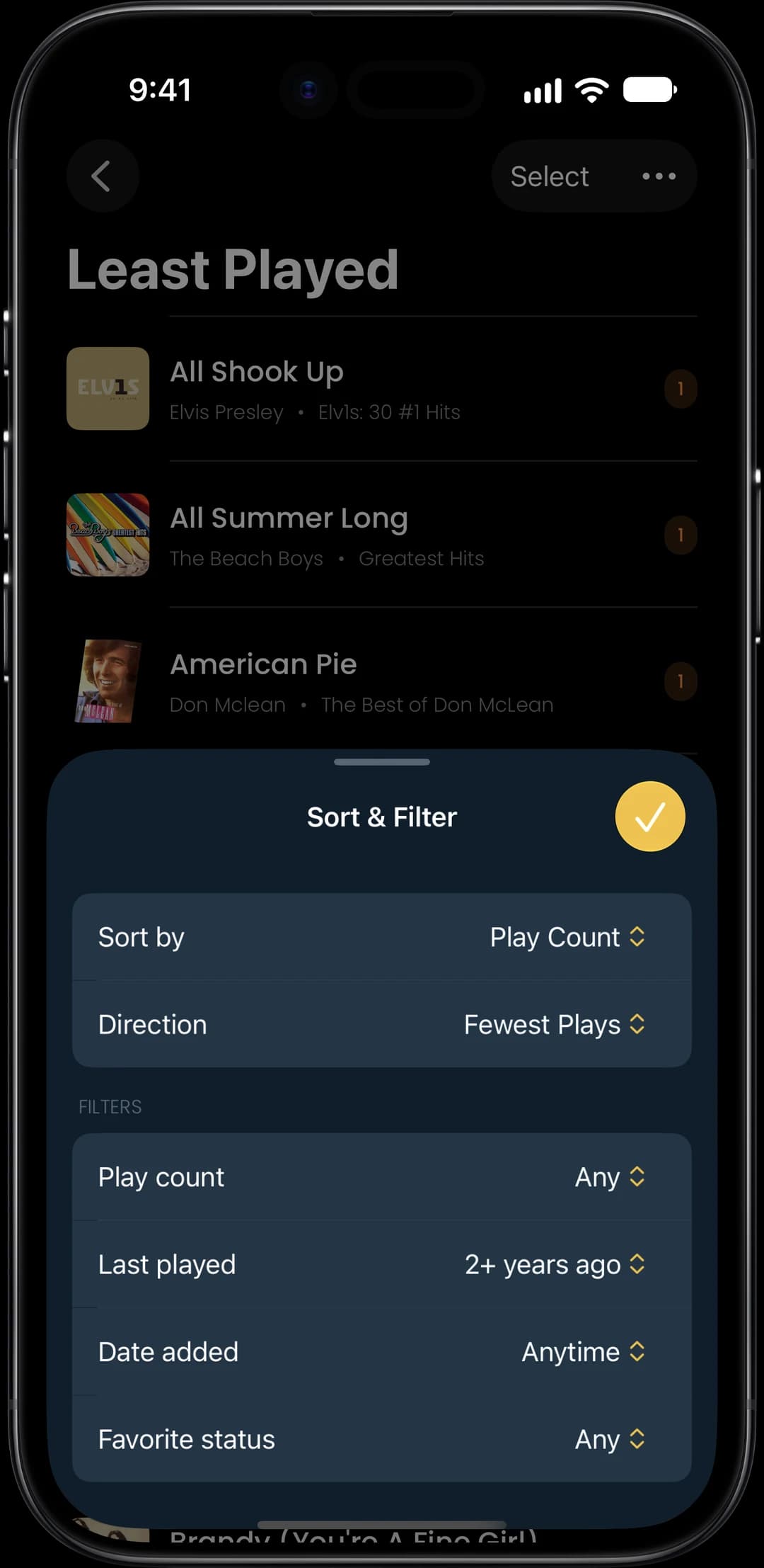Least Played filters for play count, last played, date added, and favorites