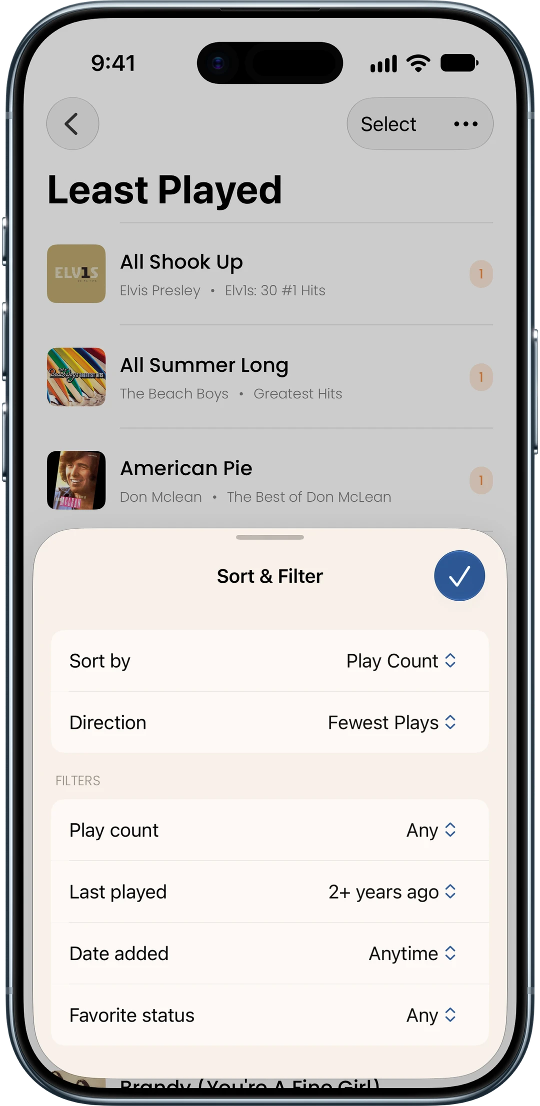 Least Played filters for play count, last played, date added, and favorites