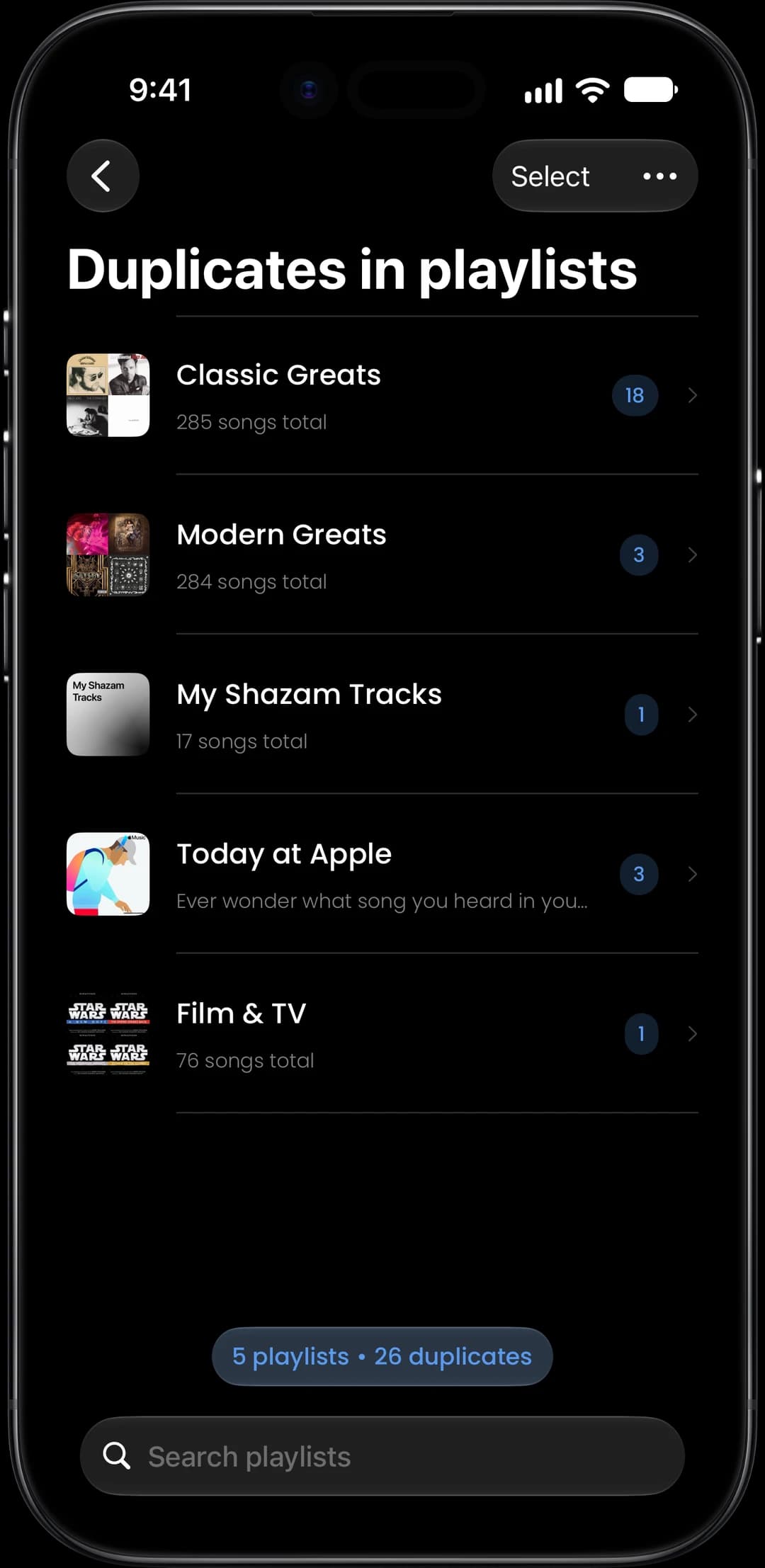 Playlists with duplicate songs, ready to select