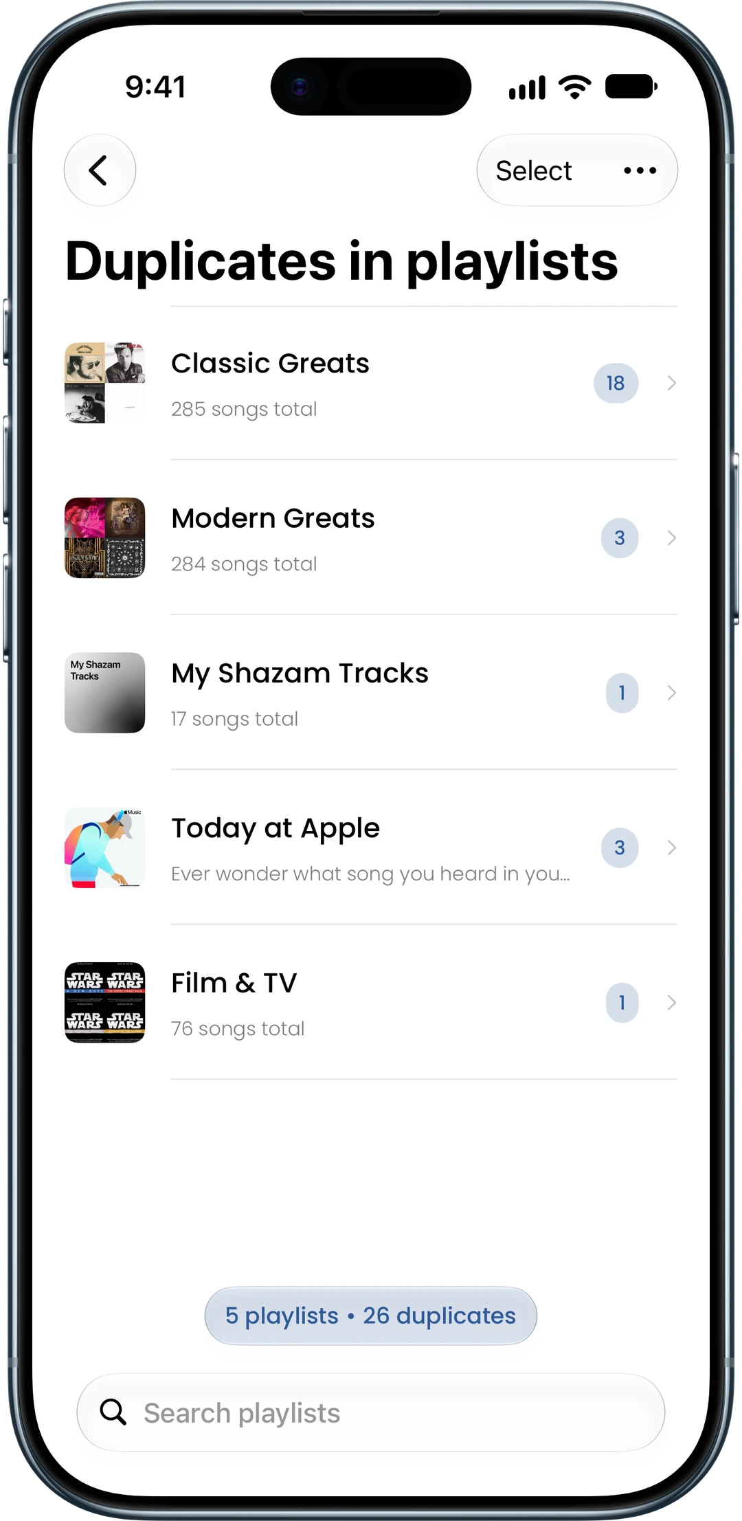 Playlists with duplicate songs, ready to select