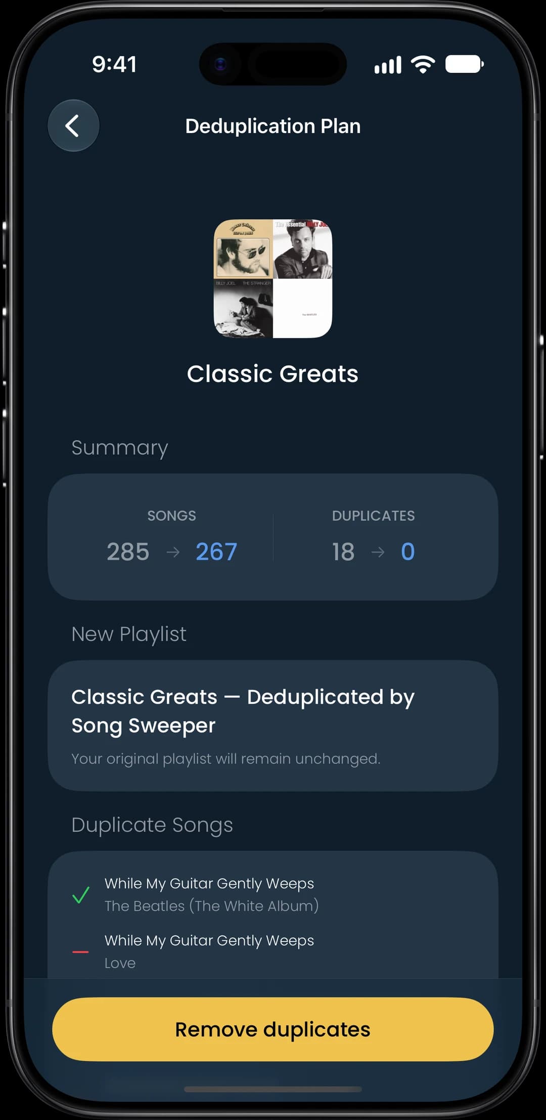 Deduplication plan for a new playlist without the duplicate songs