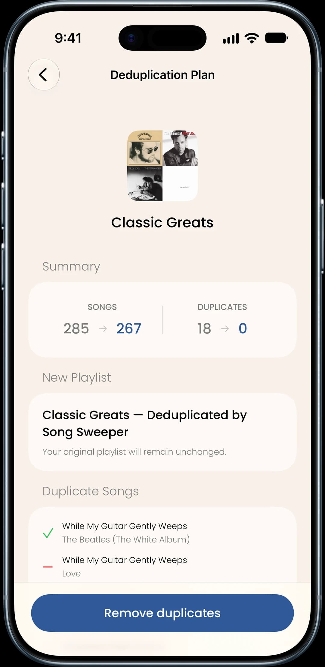 Deduplication plan for a new playlist without the duplicate songs