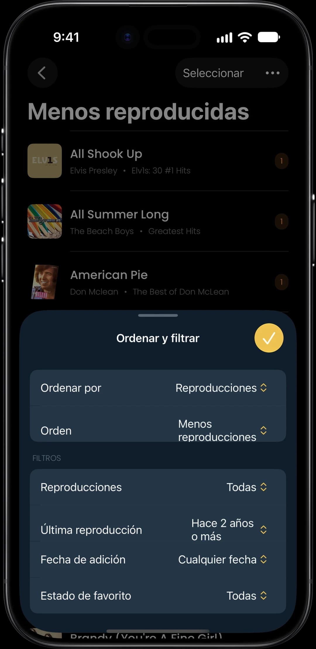Filtros de Menos reproducidas por reproducciones, última reproducción, fecha de adición y favoritas