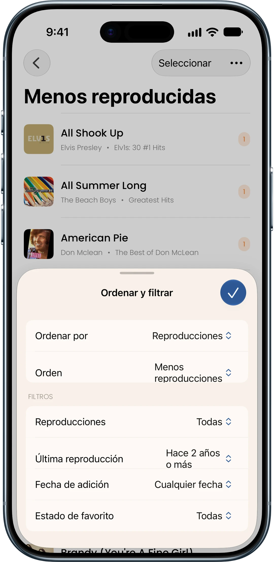 Filtros de Menos reproducidas por reproducciones, última reproducción, fecha de adición y favoritas