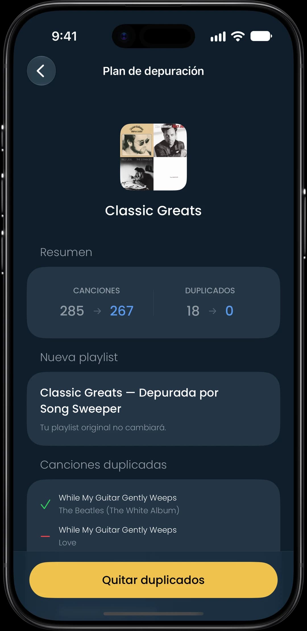 Captura de la función Duplicados en playlists