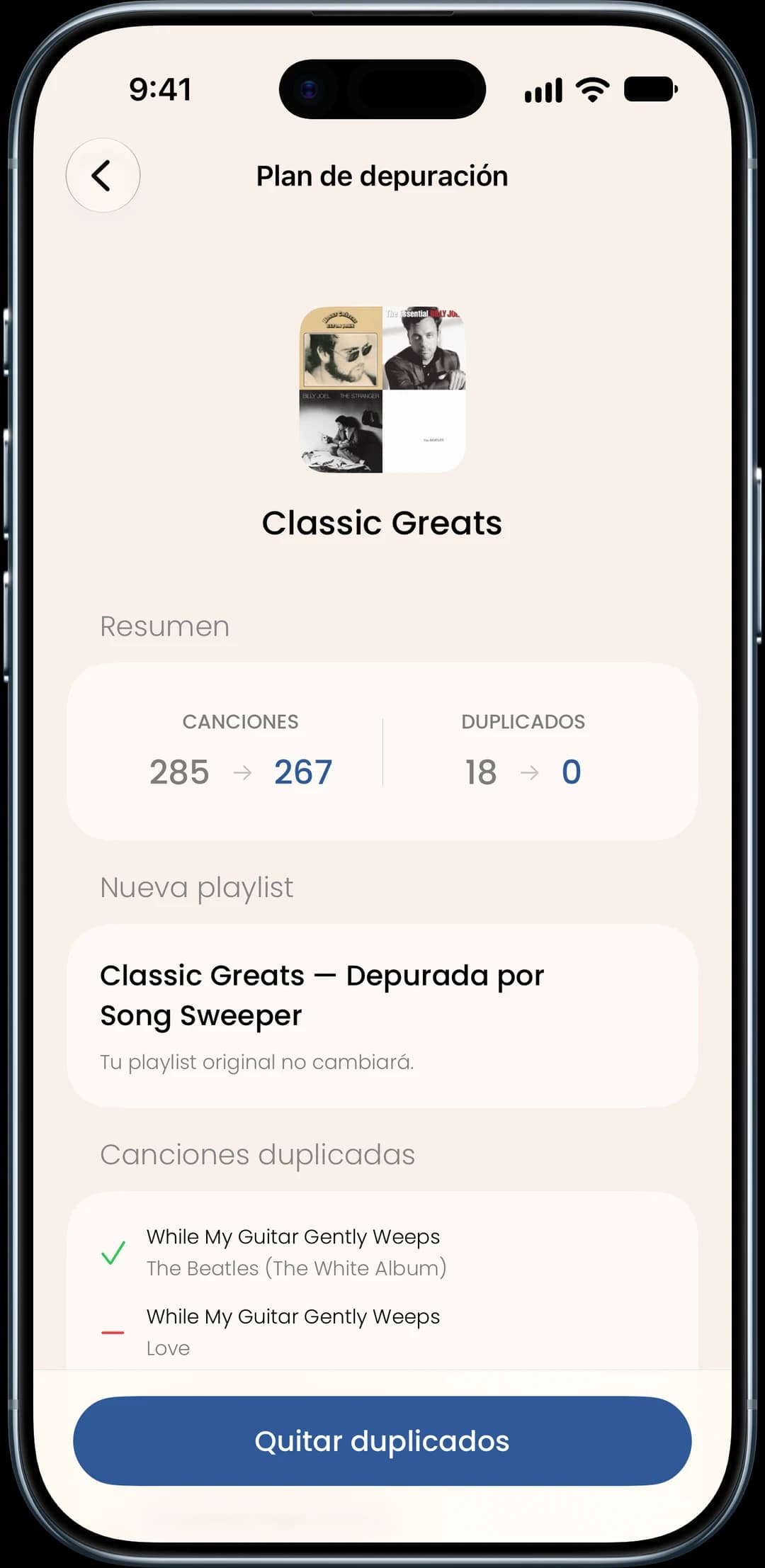 Captura de la función Duplicados en playlists