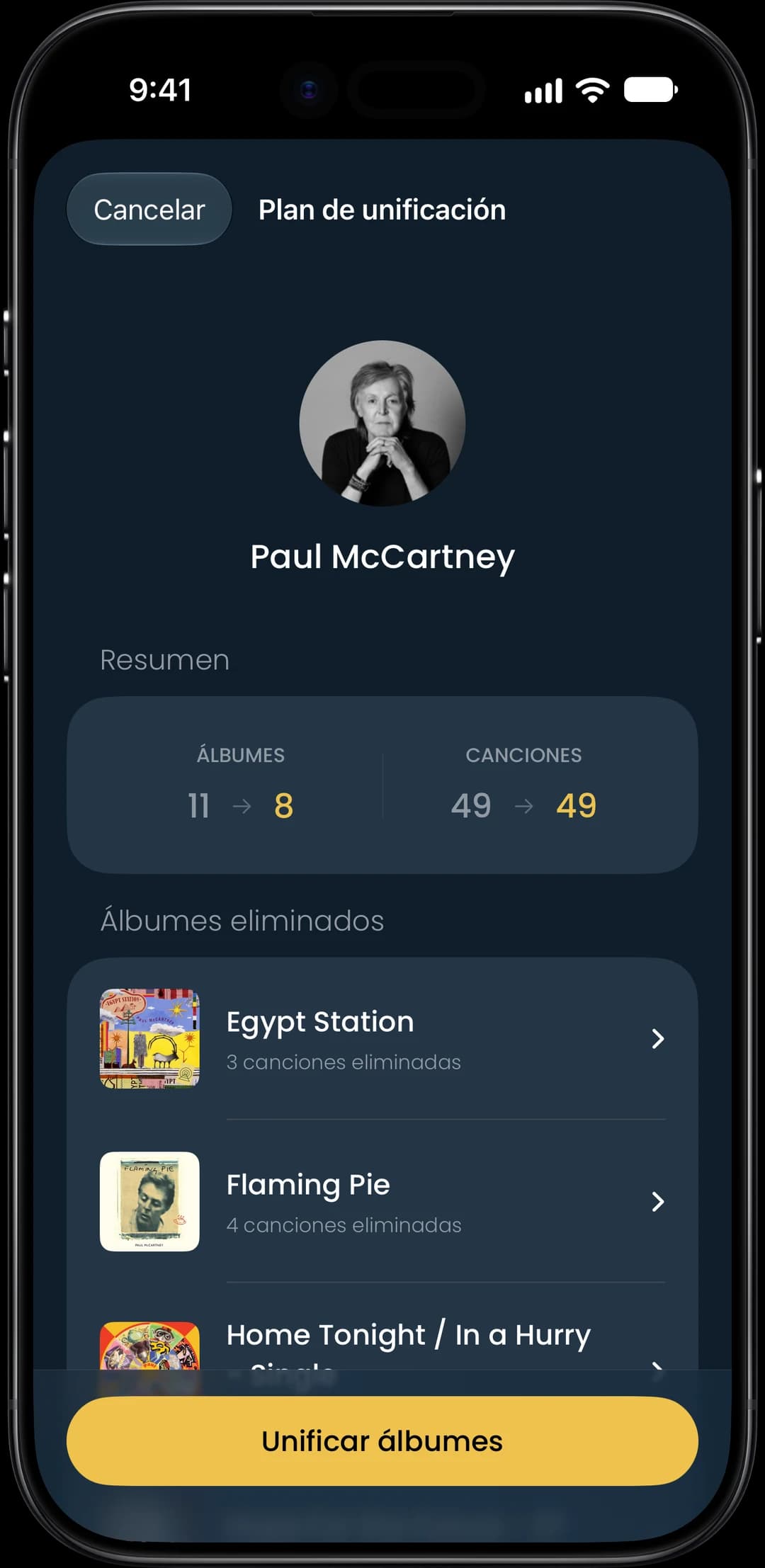 Captura de la función Álbumes divididos