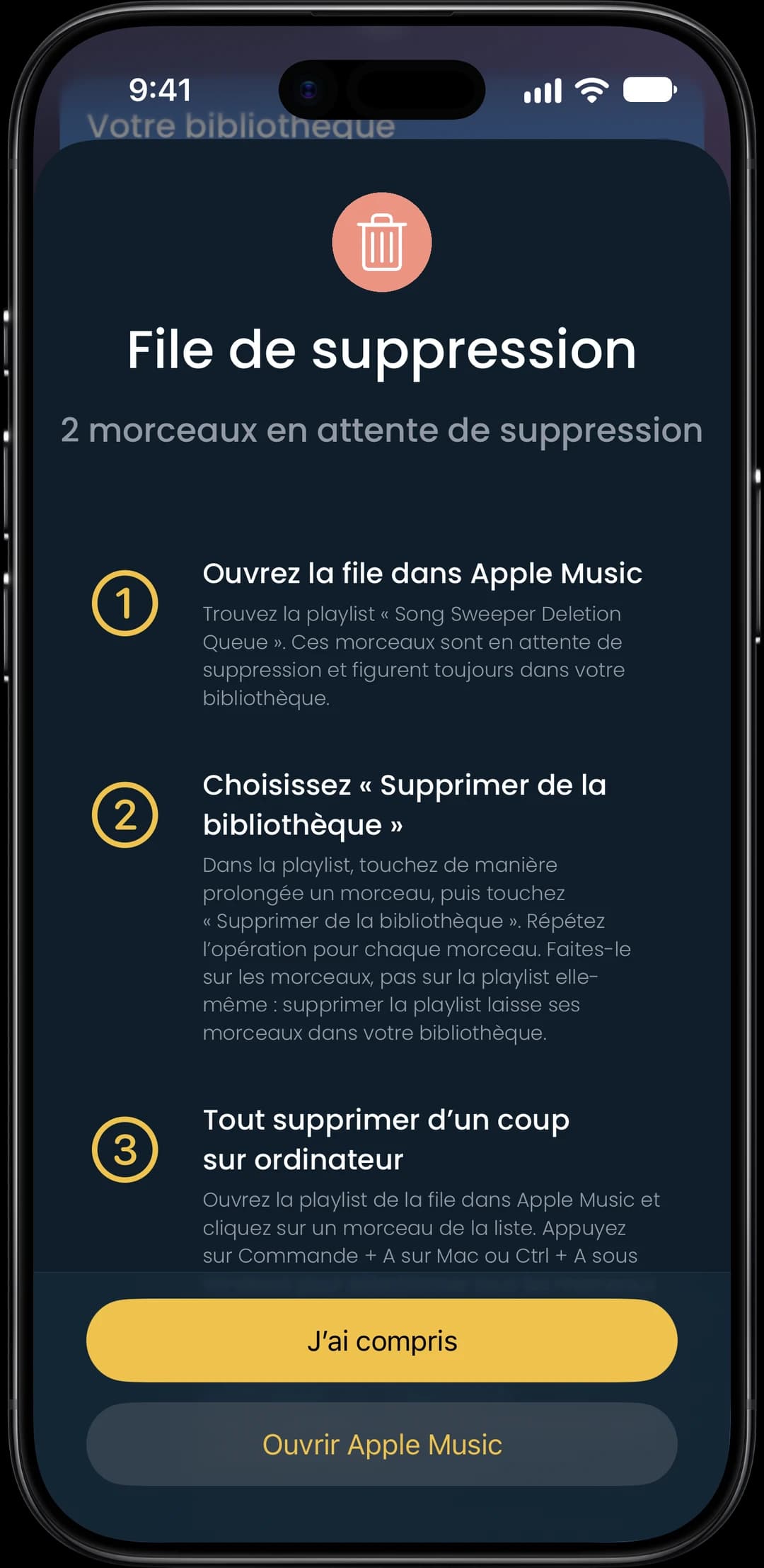 Capture d’écran de la fonctionnalité File de suppression