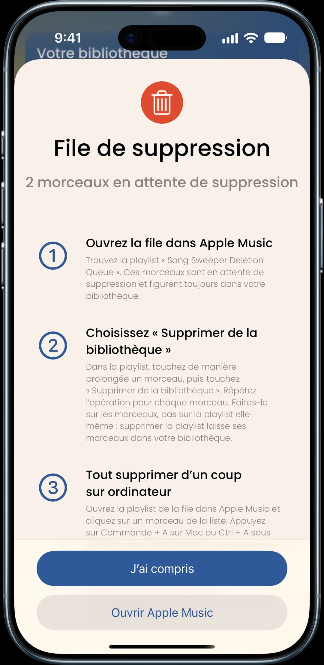 Capture d’écran de la fonctionnalité File de suppression
