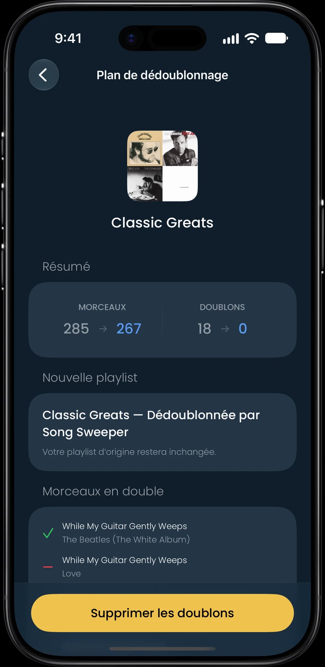 Capture d’écran de la fonctionnalité Doublons en playlist