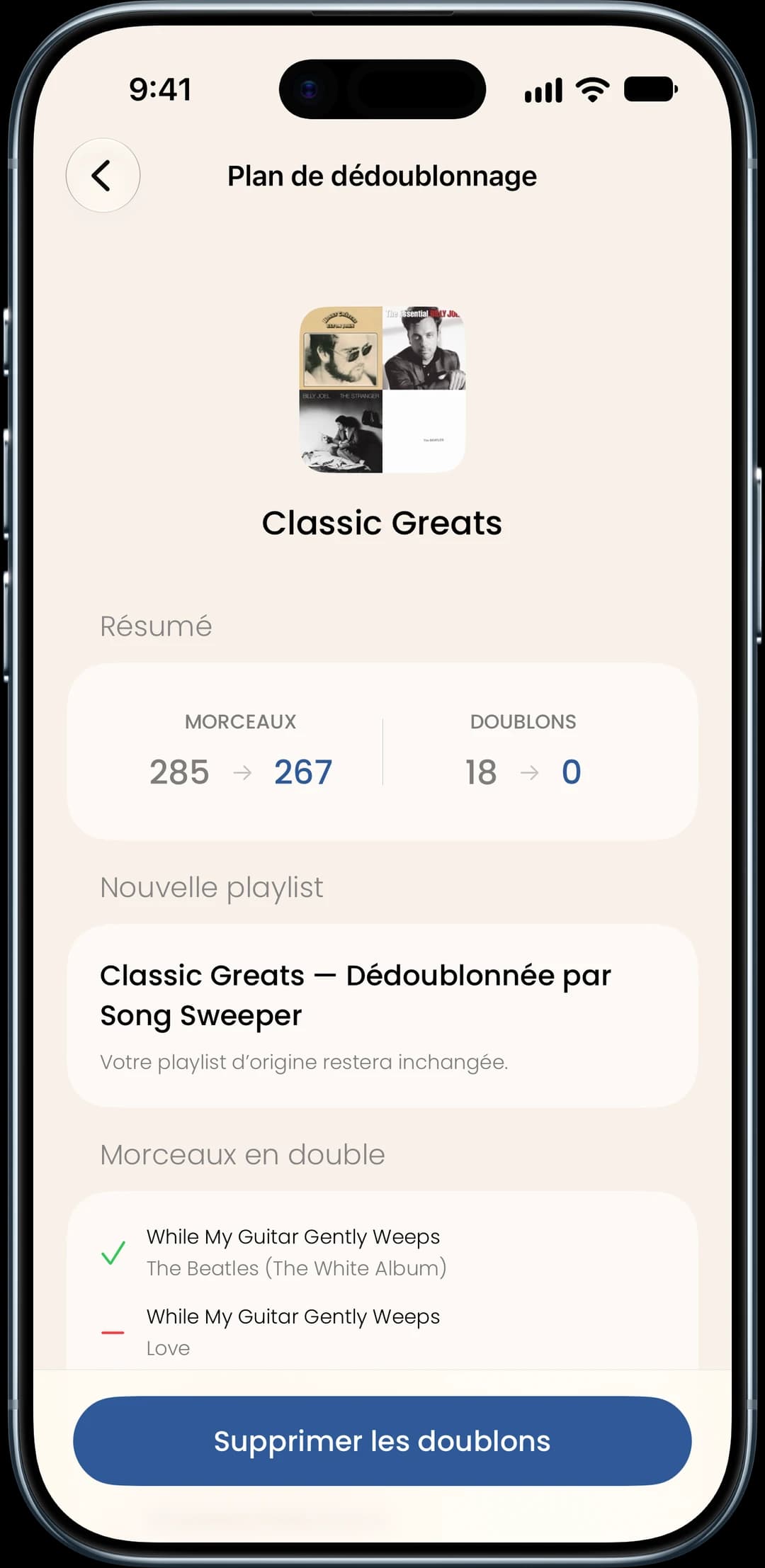 Capture d’écran de la fonctionnalité Doublons en playlist
