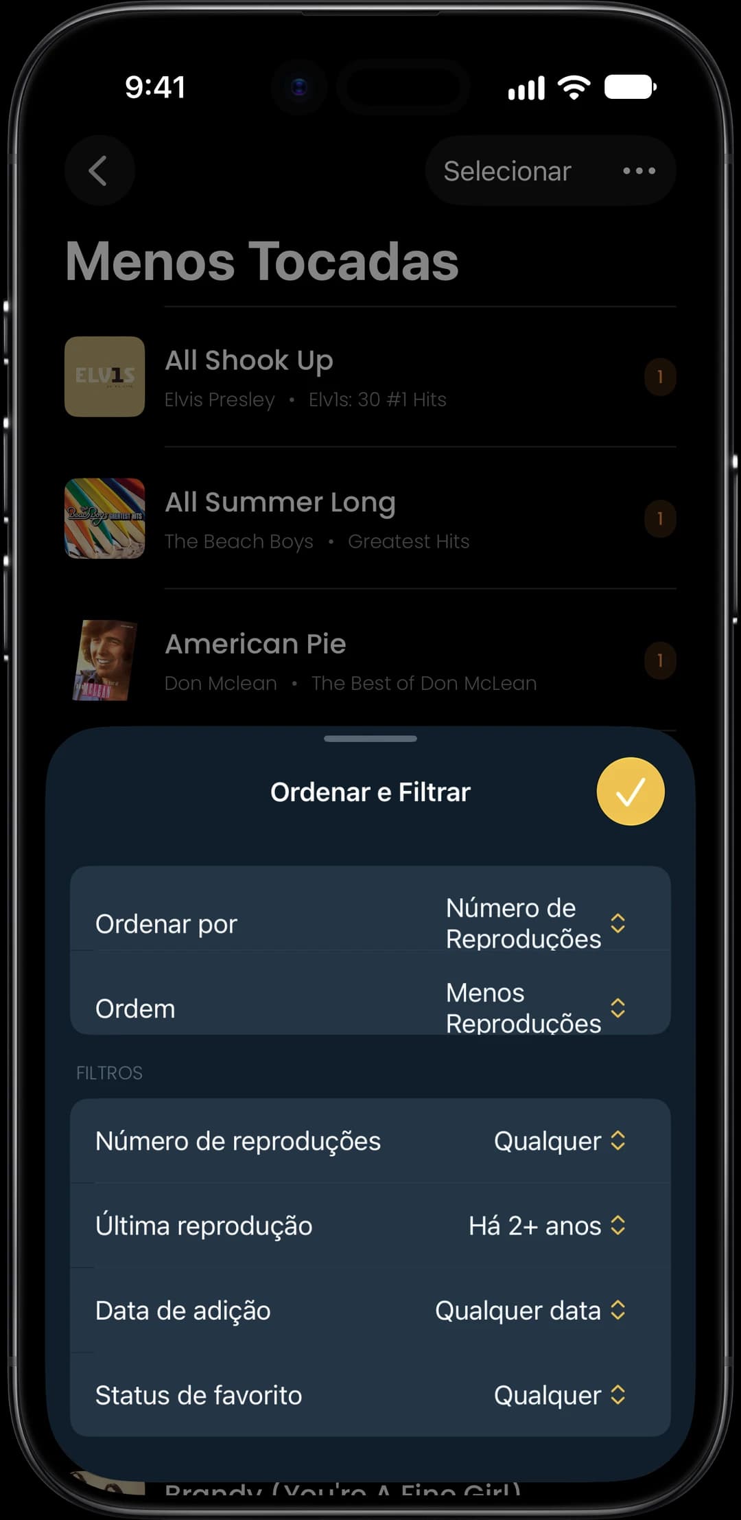 Filtros de Menos Tocadas por número de reproduções, última reprodução, data de adição e favoritos