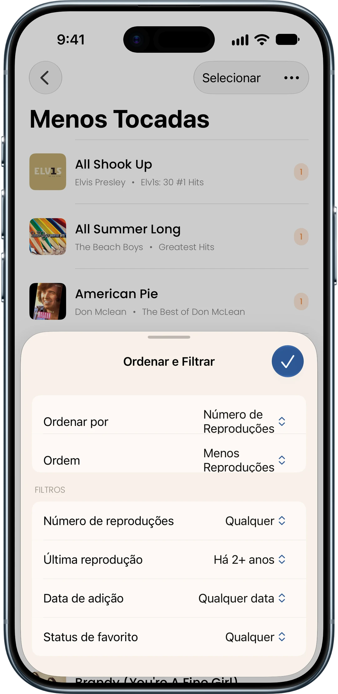 Filtros de Menos Tocadas por número de reproduções, última reprodução, data de adição e favoritos