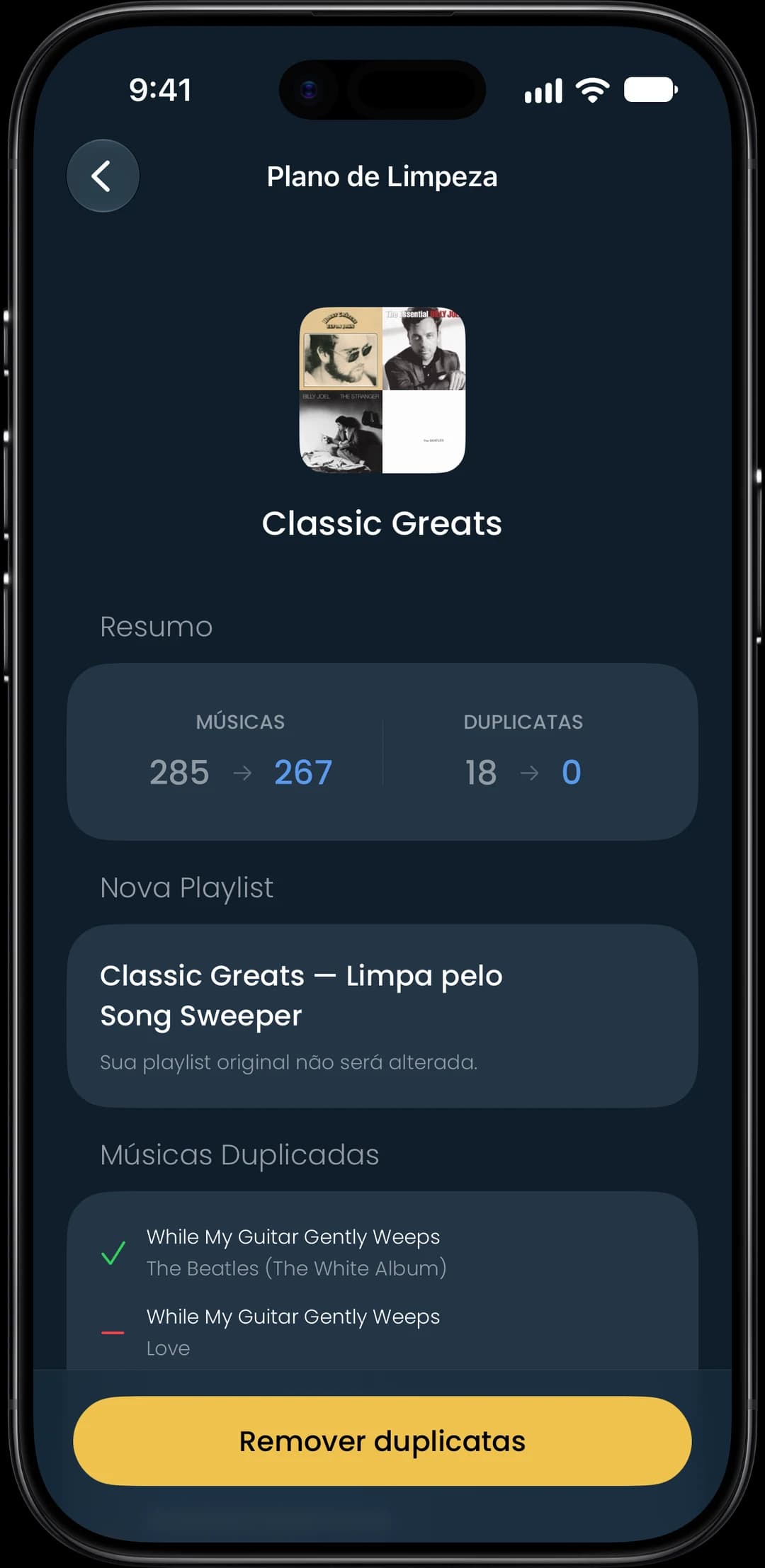Captura de tela do recurso Duplicatas em playlists